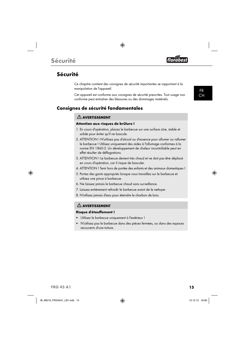 Sécurité, Consignes de sécurité fondamentales, Fr ch | Florabest FRG 45 A1 User Manual | Page 18 / 52