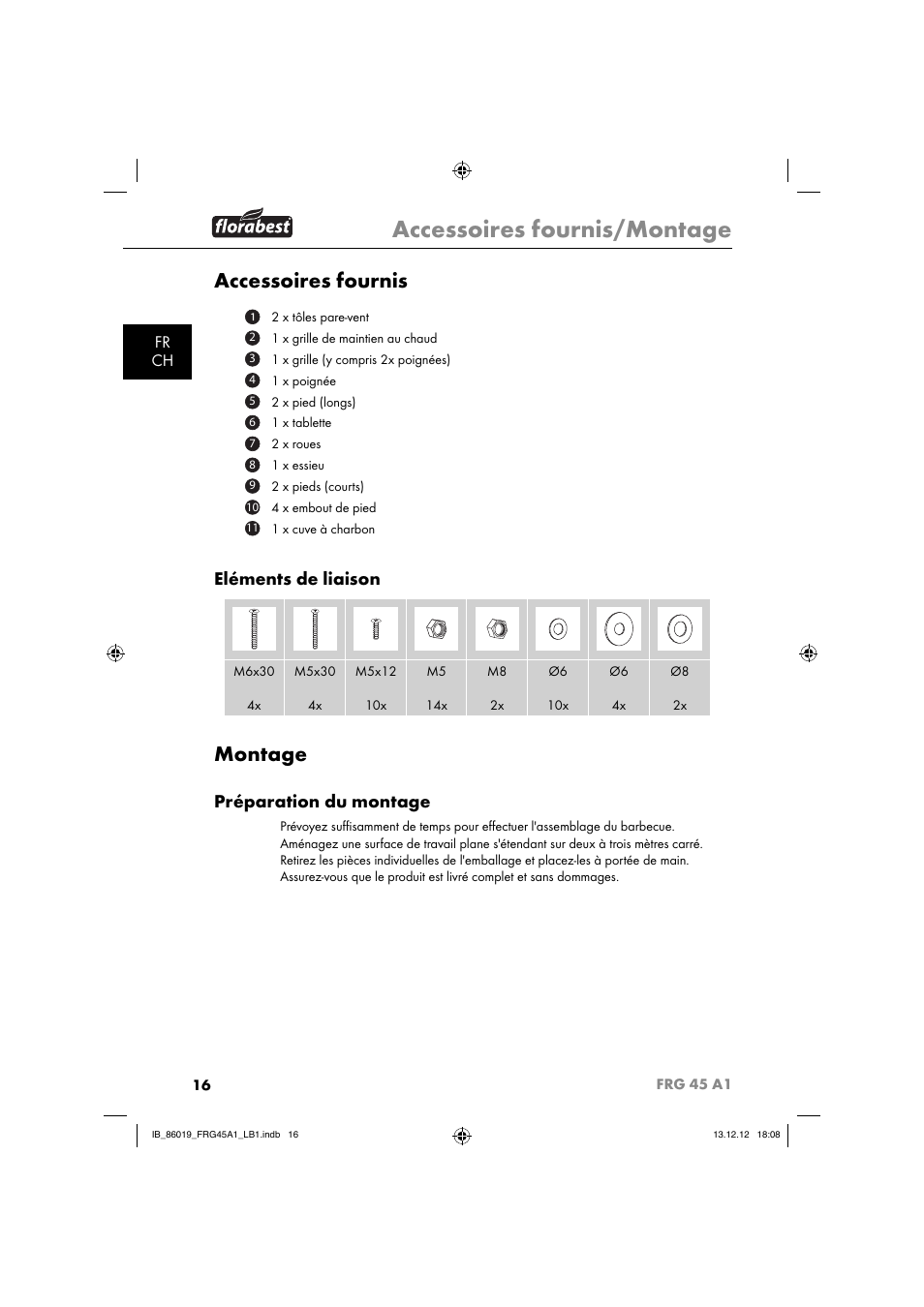 Accessoires fournis/montage, Accessoires fournis, Montage | Eléments de liaison, Préparation du montage, Fr ch | Florabest FRG 45 A1 User Manual | Page 19 / 52