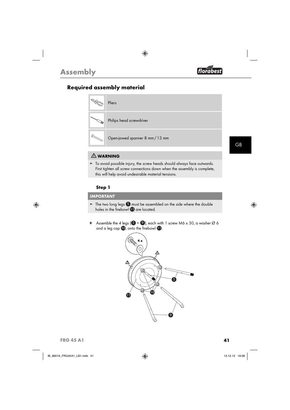 Assembly, Required assembly material | Florabest FRG 45 A1 User Manual | Page 44 / 52