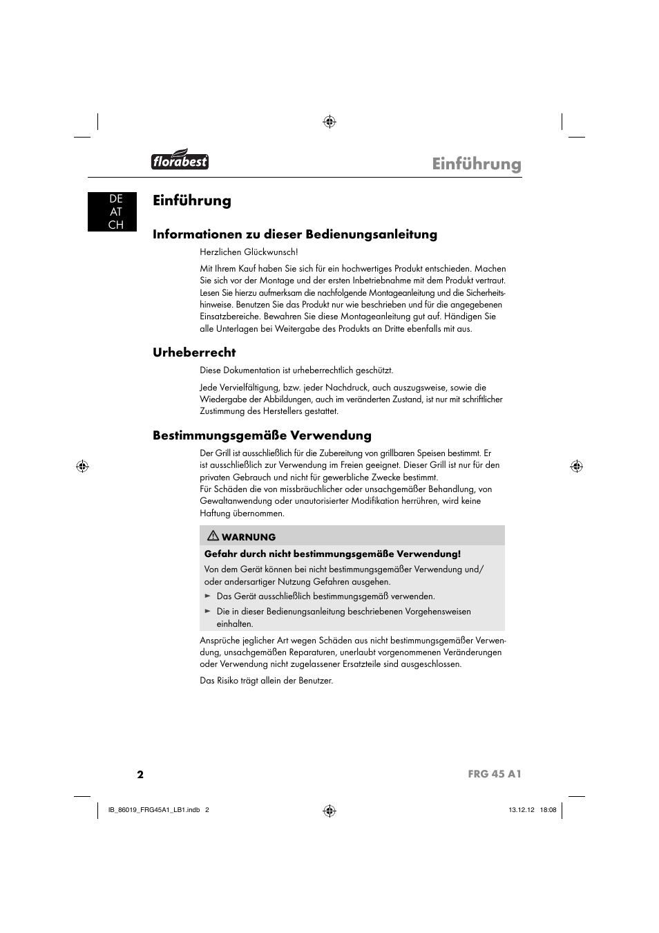 Einführung, Informationen zu dieser bedienungsanleitung, Urheberrecht | Bestimmungsgemäße verwendung, De at ch | Florabest FRG 45 A1 User Manual | Page 5 / 52