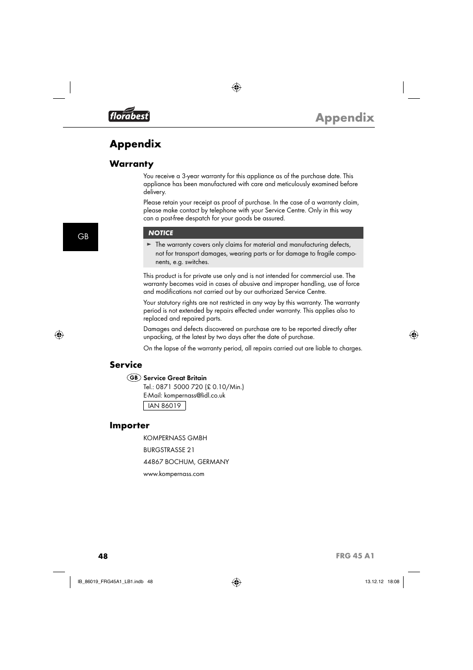 Appendix, Warranty, Service | Importer | Florabest FRG 45 A1 User Manual | Page 51 / 52