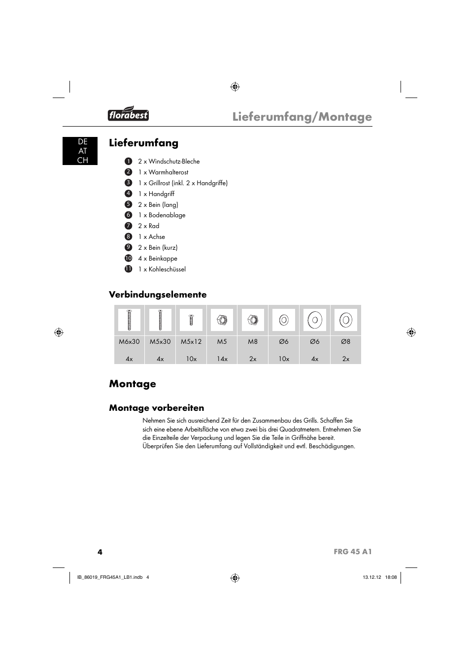 Lieferumfang/montage, Lieferumfang, Montage | Verbindungselemente, Montage vorbereiten, De at ch | Florabest FRG 45 A1 User Manual | Page 7 / 52