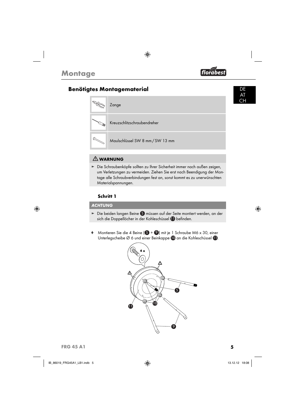 Montage, Benötigtes montagematerial, De at ch | Florabest FRG 45 A1 User Manual | Page 8 / 52