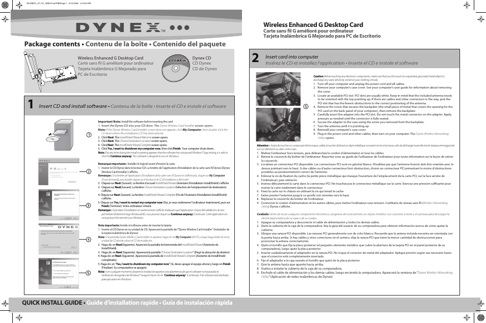 Wireless enhanced g desktop card, Insert card into computer, Insert cd and install software | Dynex DX-EBDTC User Manual | Page 2 / 2