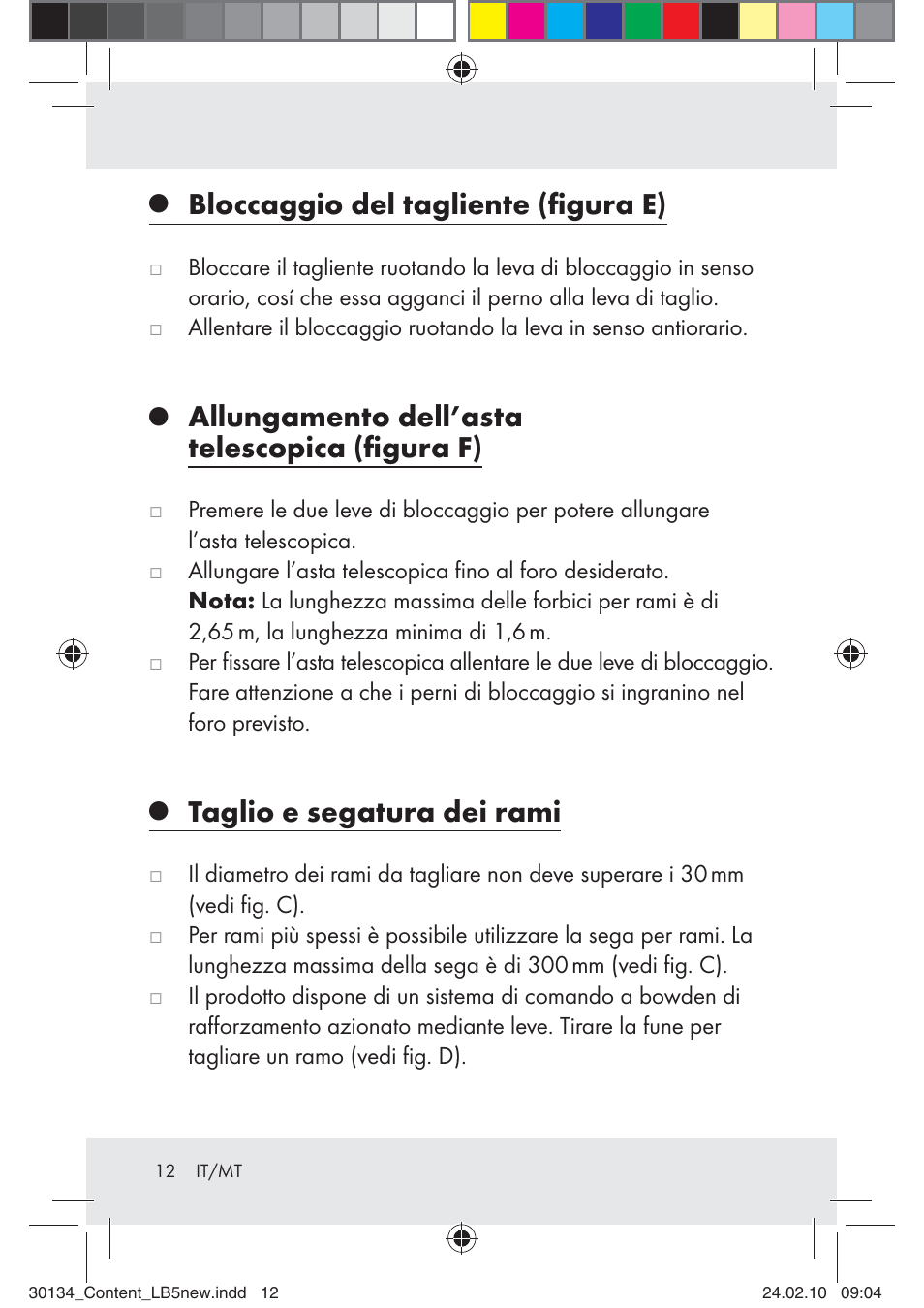 Bloccaggio del tagliente (ﬁgura e), Allungamento dell’asta telescopica (ﬁgura f), Taglio e segatura dei rami | Florabest Z28344 User Manual | Page 12 / 26