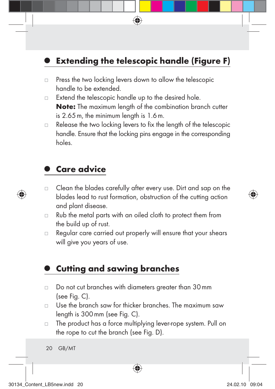 Extending the telescopic handle (figure f), Care advice, Cutting and sawing branches | Florabest Z28344 User Manual | Page 20 / 26
