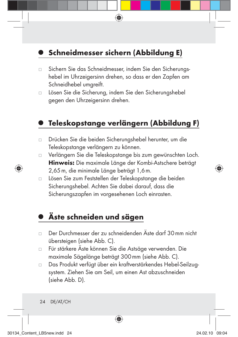 Schneidmesser sichern (abbildung e), Teleskopstange verlängern (abbildung f), Äste schneiden und sägen | Florabest Z28344 User Manual | Page 24 / 26