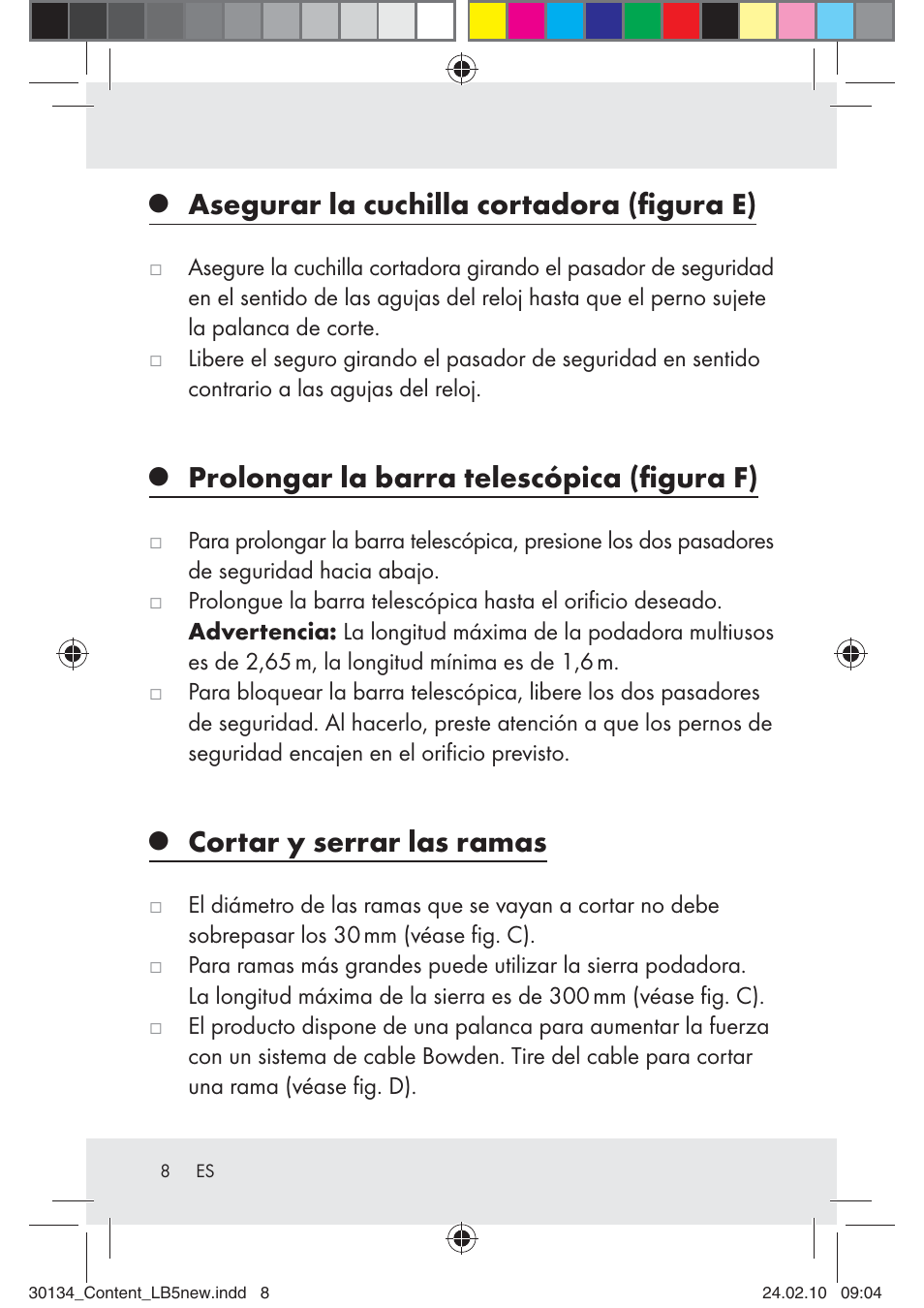 Asegurar la cuchilla cortadora (ﬁgura e), Prolongar la barra telescópica (ﬁgura f), Cortar y serrar las ramas | Florabest Z28344 User Manual | Page 8 / 26