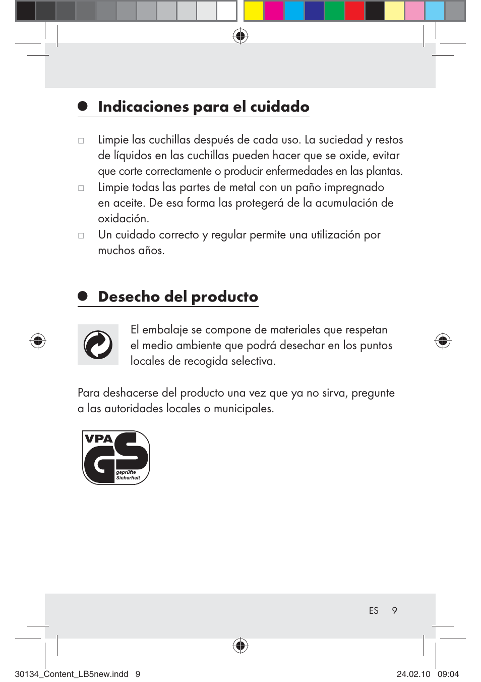 Indicaciones para el cuidado, Desecho del producto | Florabest Z28344 User Manual | Page 9 / 26