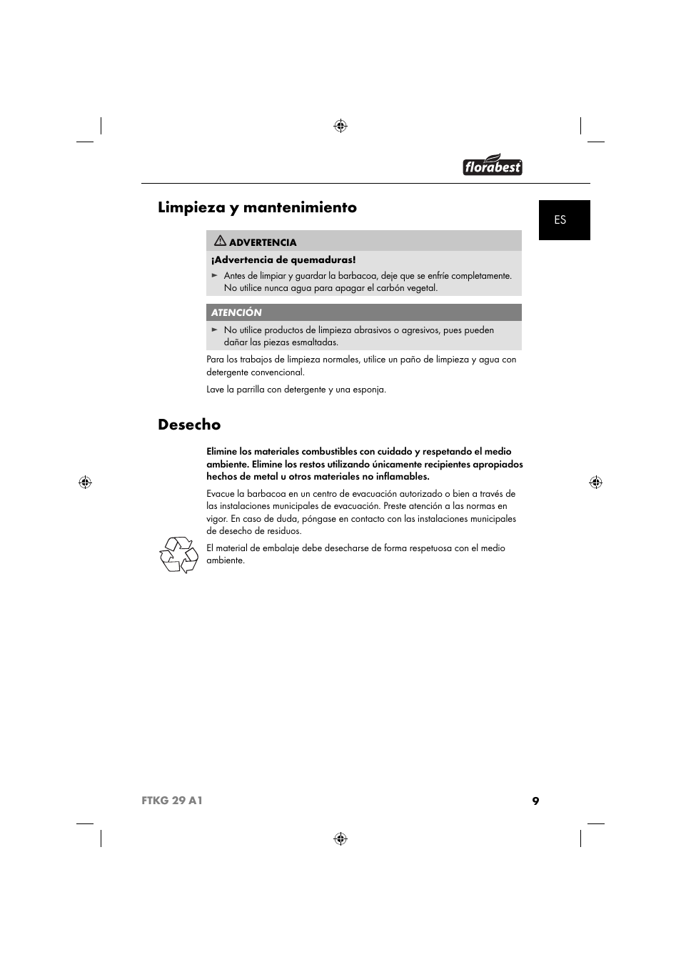 Limpieza y mantenimiento, Desecho | Florabest FTKG 29 A1 User Manual | Page 12 / 51