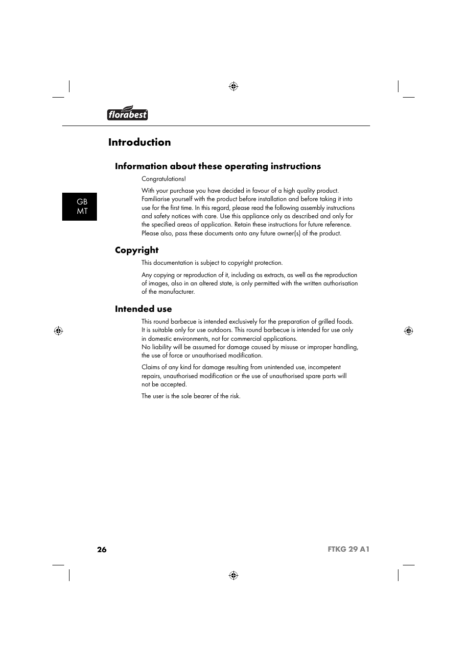 Introduction, Information about these operating instructions, Copyright | Intended use, Gb mt | Florabest FTKG 29 A1 User Manual | Page 29 / 51