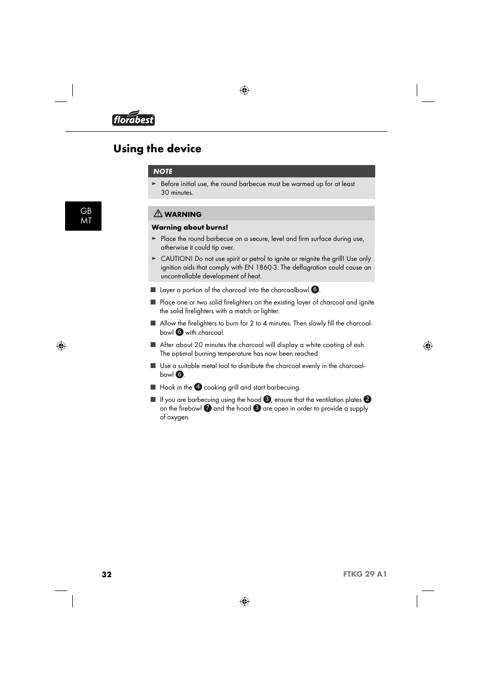 Using the device, Gb mt | Florabest FTKG 29 A1 User Manual | Page 35 / 51