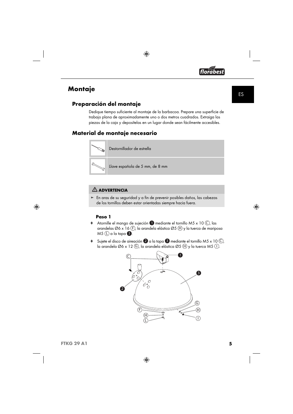 Montaje, Preparación del montaje, Material de montaje necesario | Florabest FTKG 29 A1 User Manual | Page 8 / 51