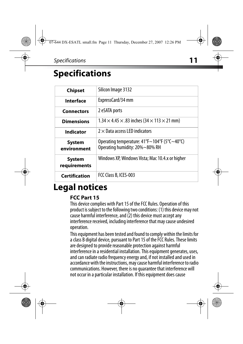 Specifications, Legal notices, Fcc part 15 | Specifications legal notices | Dynex DX-ESATL User Manual | Page 11 / 48