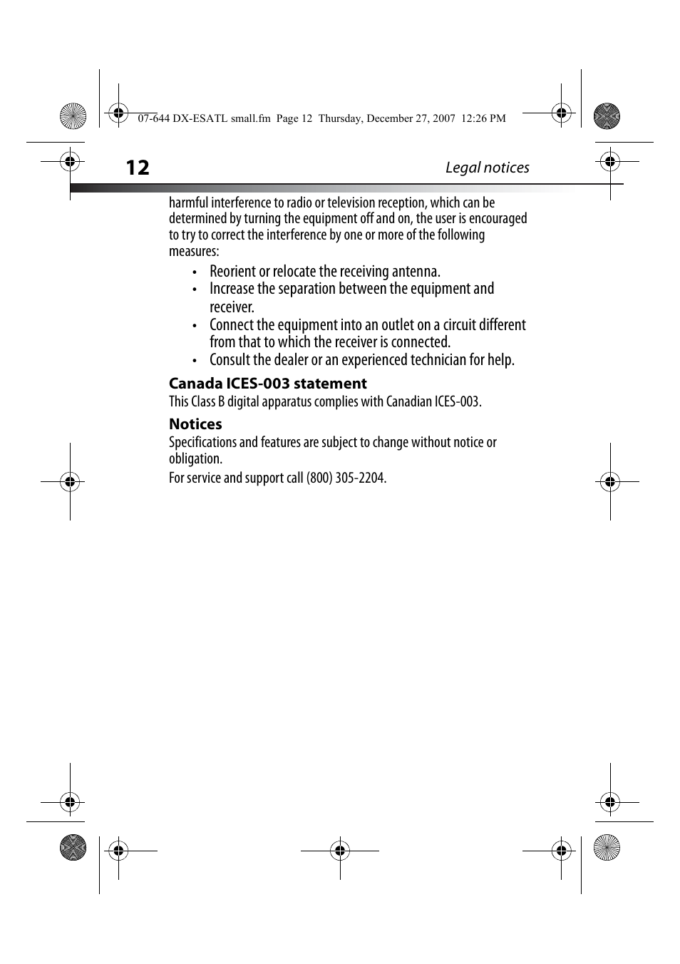 Canada ices-003 statement, Notices | Dynex DX-ESATL User Manual | Page 12 / 48