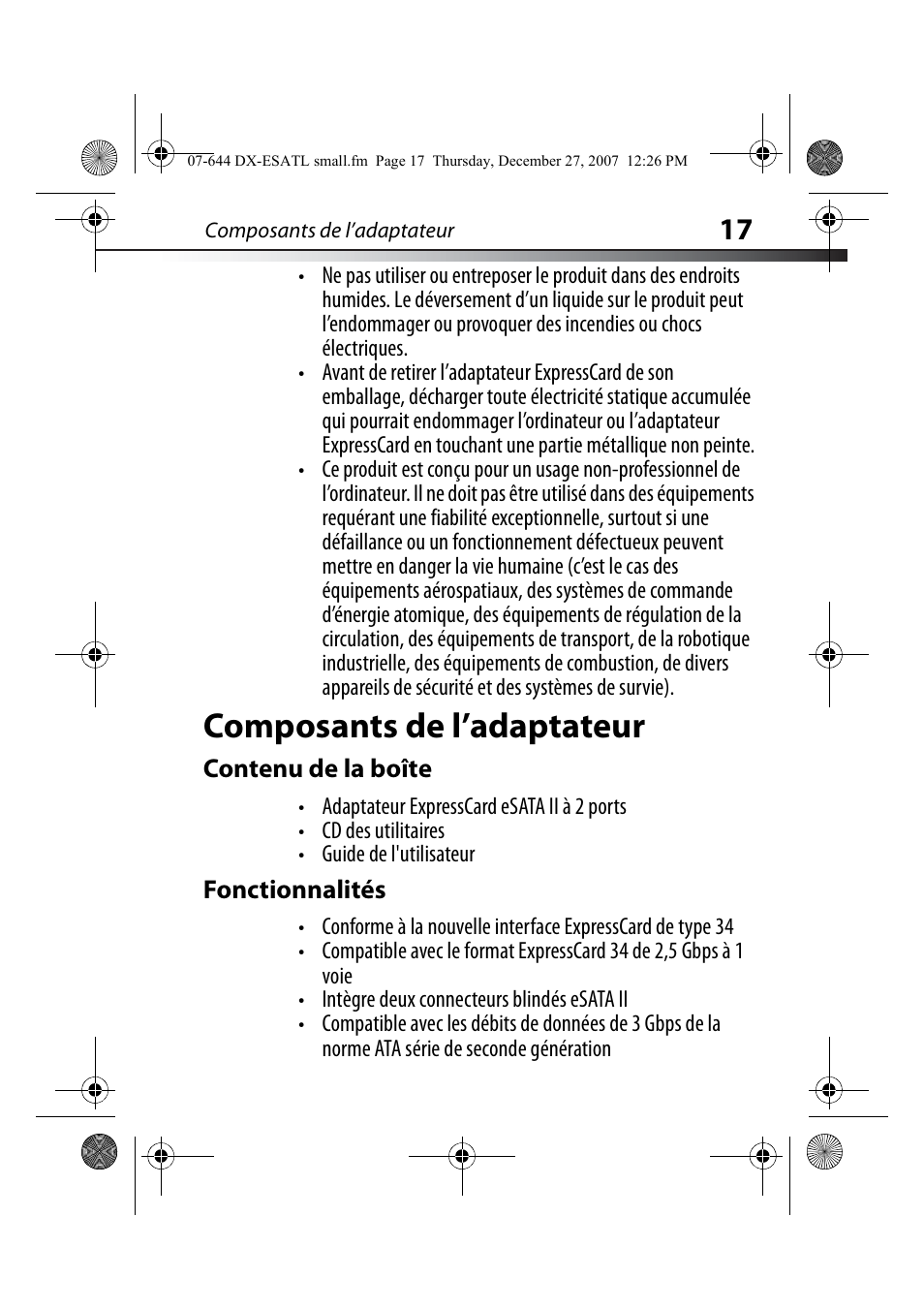 Composants de l’adaptateur, Contenu de la boîte, Fonctionnalités | Composants de l’adaptateur fonctionnalités | Dynex DX-ESATL User Manual | Page 17 / 48