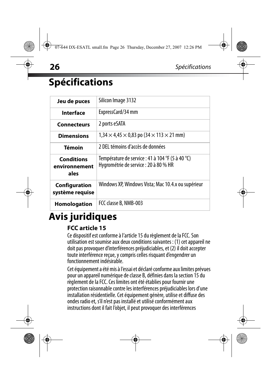 Spécifications, Avis juridiques, Fcc article 15 | Spécifications avis juridiques | Dynex DX-ESATL User Manual | Page 26 / 48
