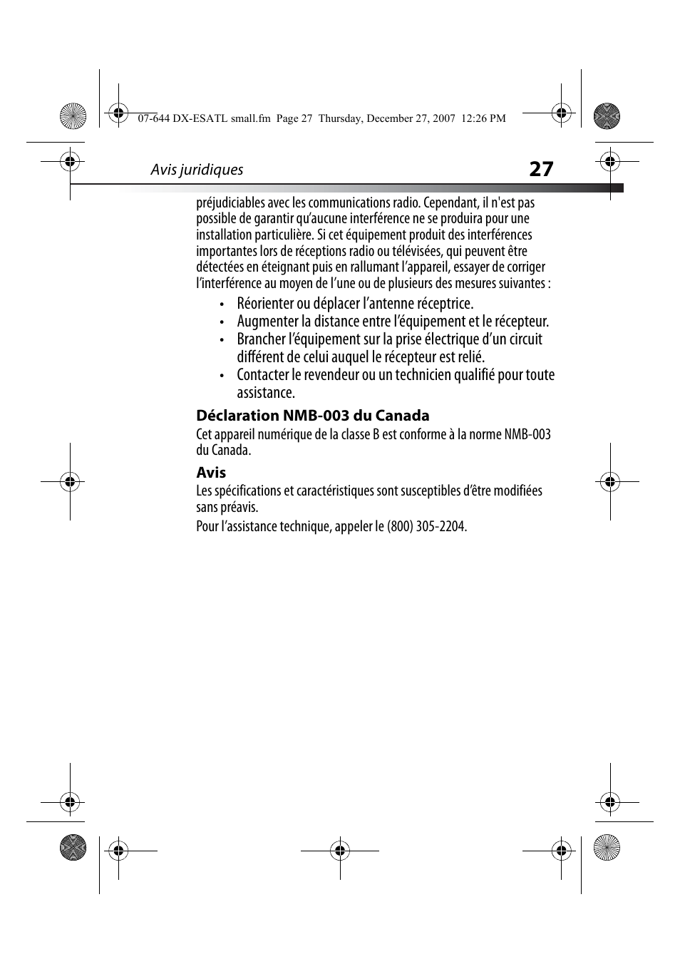 Déclaration nmb-003 du canada, Avis | Dynex DX-ESATL User Manual | Page 27 / 48