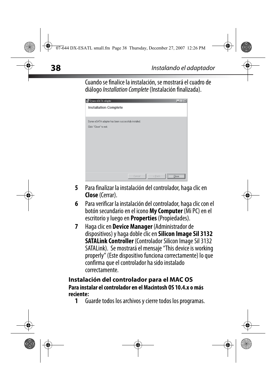 Instalación del controlador para el mac os | Dynex DX-ESATL User Manual | Page 38 / 48