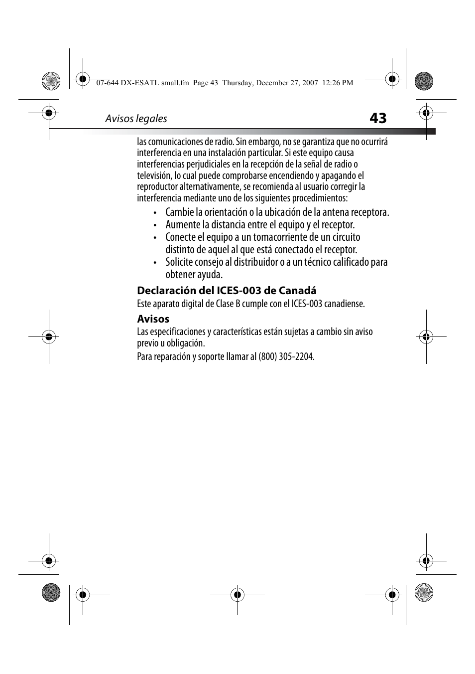 Declaración del ices-003 de canadá, Avisos | Dynex DX-ESATL User Manual | Page 43 / 48