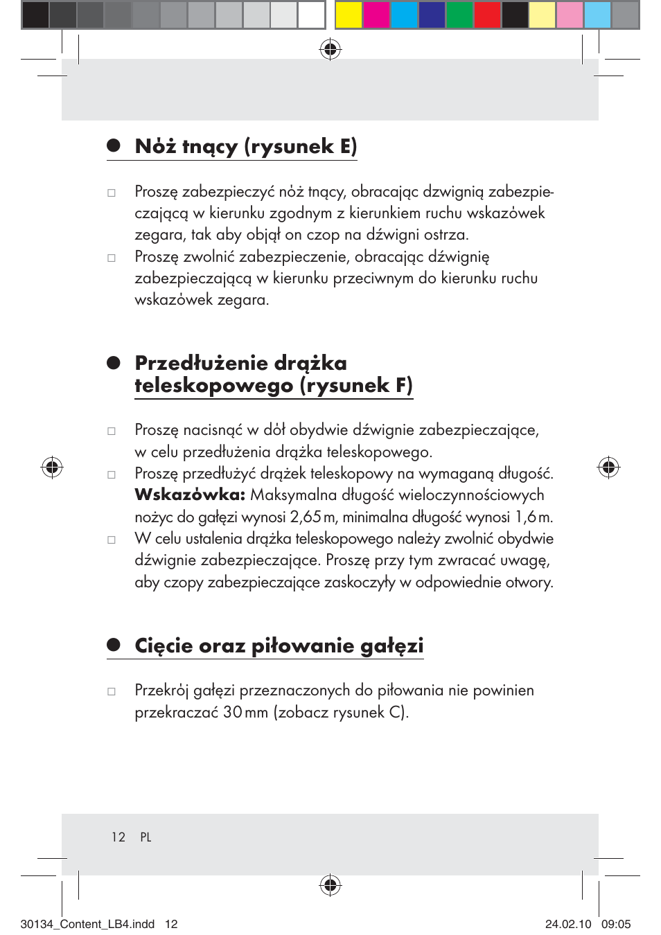 Nόż tnący (rysunek e), Przedłużenie drążka teleskopowego (rysunek f), Cięcie oraz piłowanie gałęzi | Florabest Z28344 User Manual | Page 12 / 35