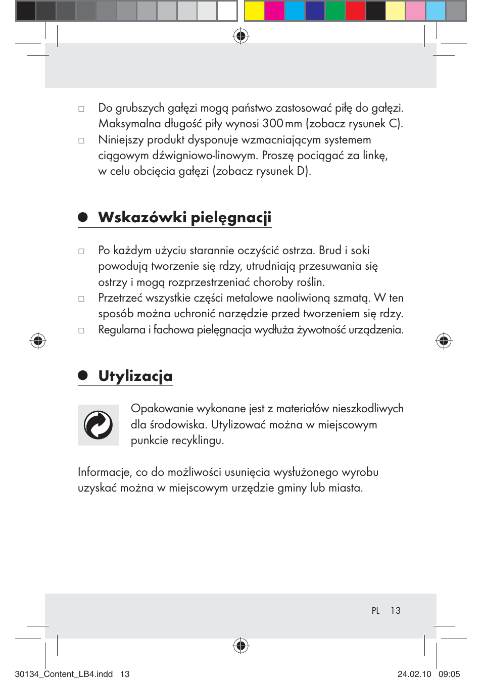 Wskazówki pielęgnacji, Utylizacja | Florabest Z28344 User Manual | Page 13 / 35