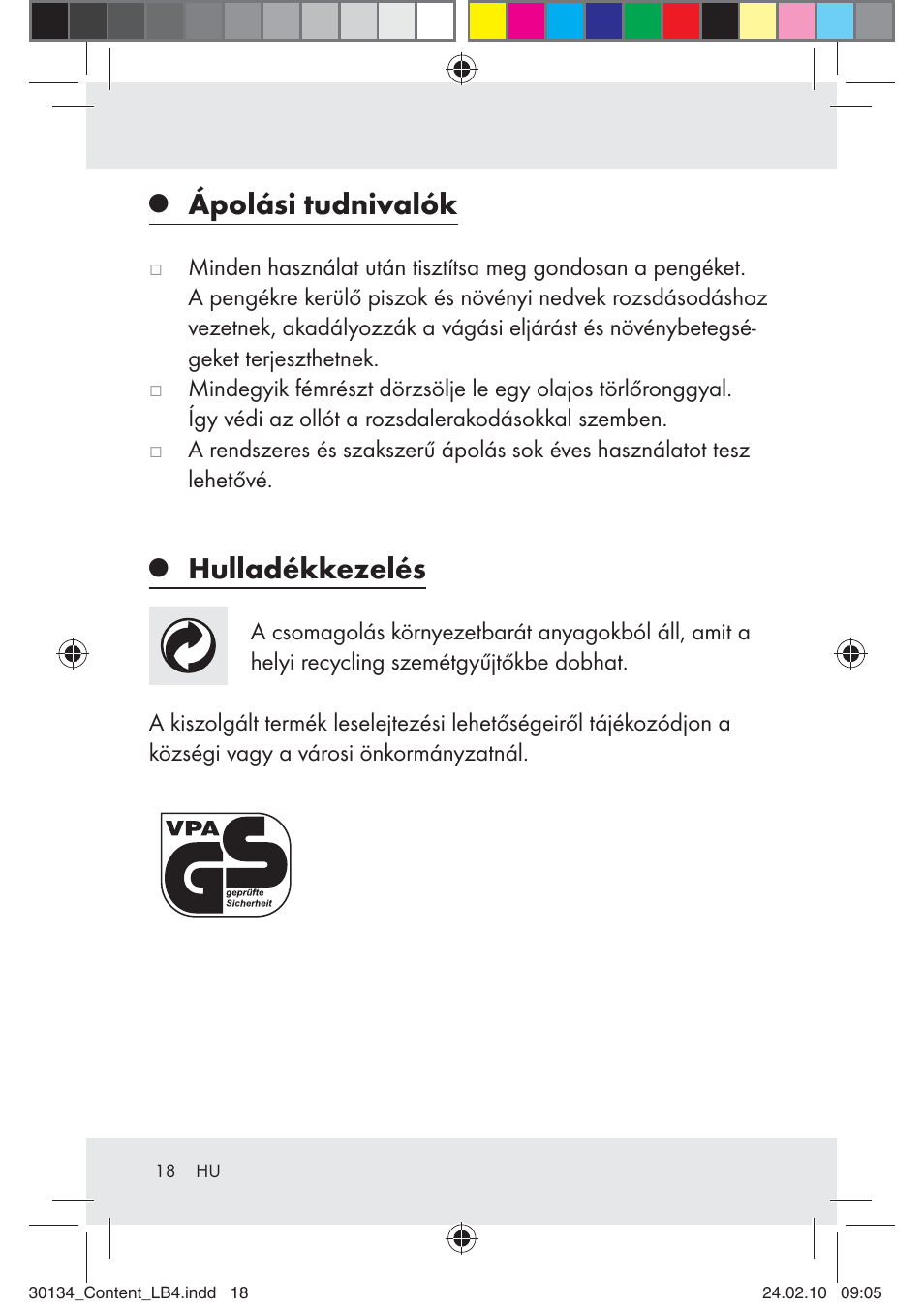 Ápolási tudnivalók, Hulladékkezelés | Florabest Z28344 User Manual | Page 18 / 35