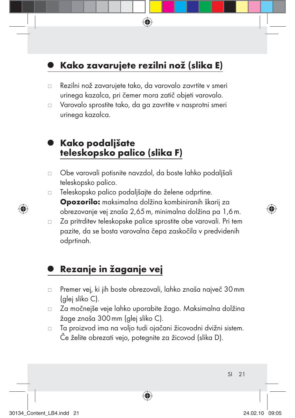 Kako zavarujete rezilni nož (slika e), Kako podaljšate teleskopsko palico (slika f), Rezanje in žaganje vej | Florabest Z28344 User Manual | Page 21 / 35