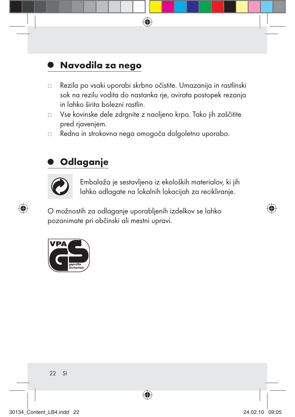 Navodila za nego, Odlaganje | Florabest Z28344 User Manual | Page 22 / 35