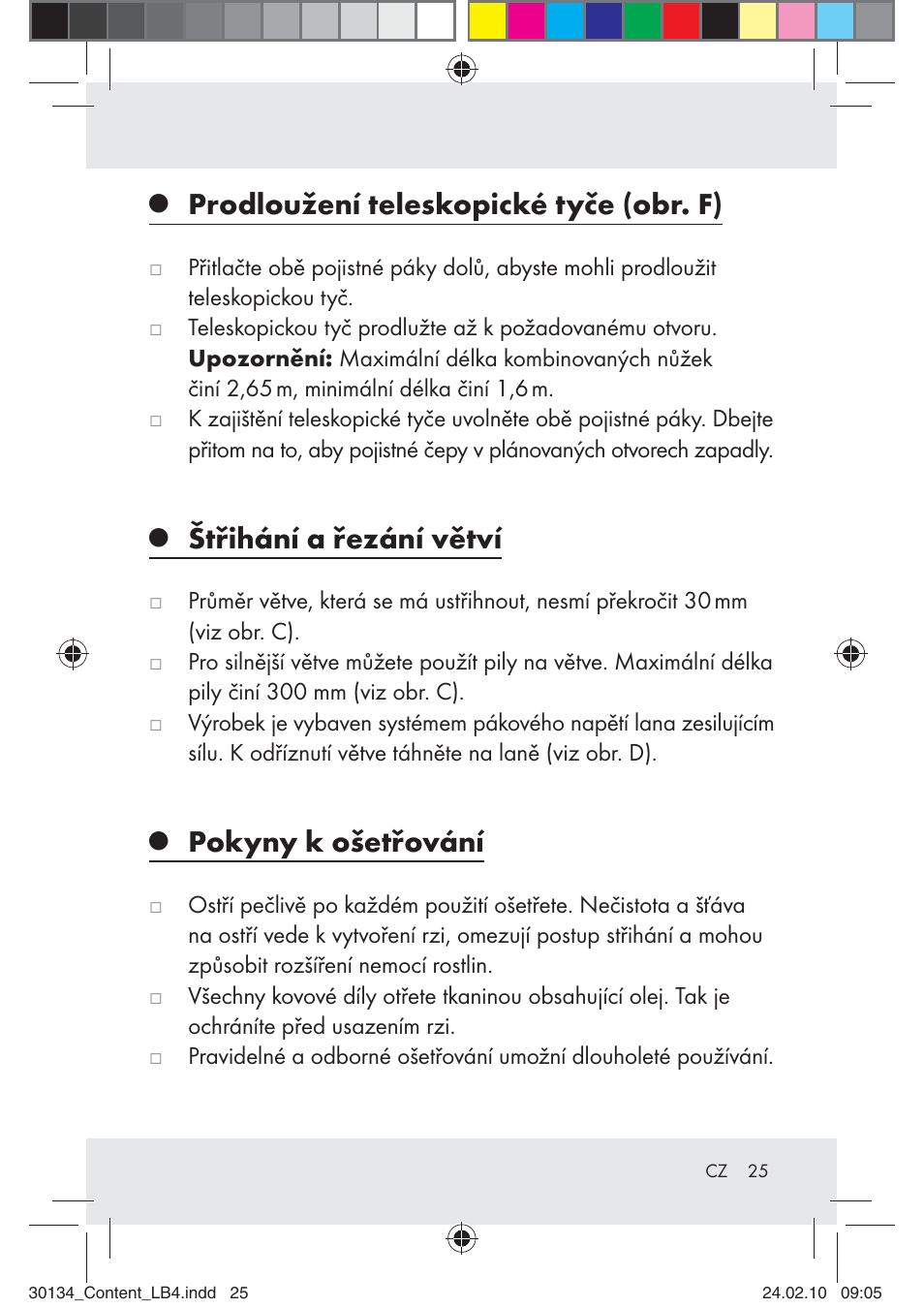 Prodloužení teleskopické tyče (obr. f), Štřihání a řezání větví, Pokyny k ošetřování | Florabest Z28344 User Manual | Page 25 / 35