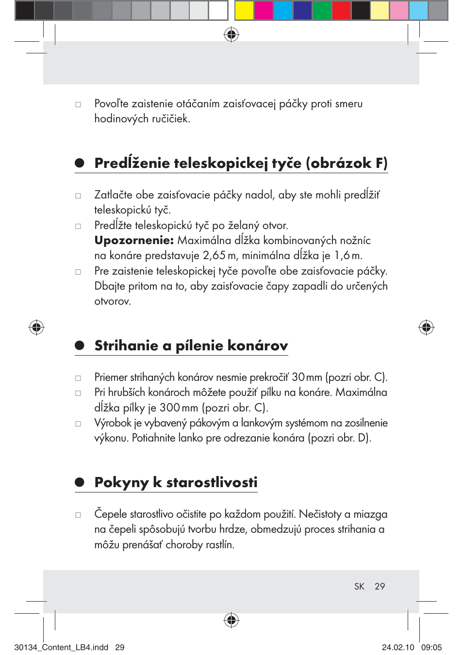 Predĺženie teleskopickej tyče (obrázok f), Strihanie a pílenie konárov, Pokyny k starostlivosti | Florabest Z28344 User Manual | Page 29 / 35