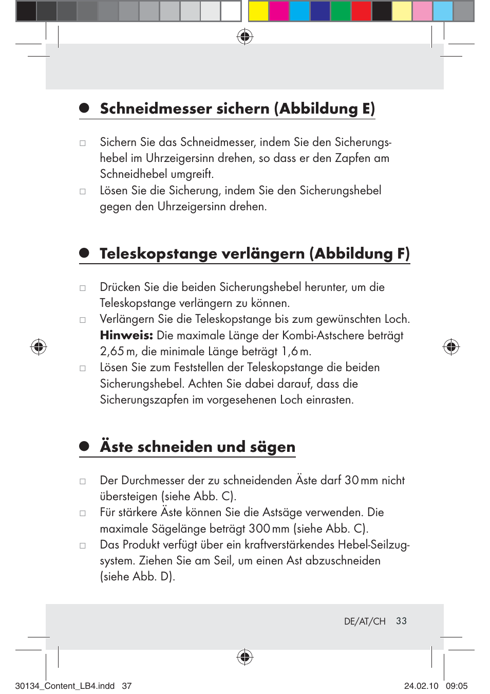 Schneidmesser sichern (abbildung e), Teleskopstange verlängern (abbildung f), Äste schneiden und sägen | Florabest Z28344 User Manual | Page 33 / 35