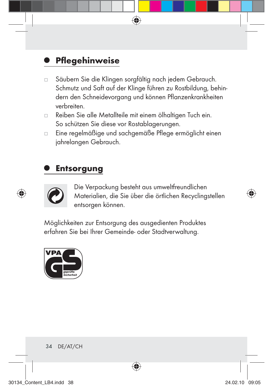 Pﬂegehinweise, Entsorgung | Florabest Z28344 User Manual | Page 34 / 35