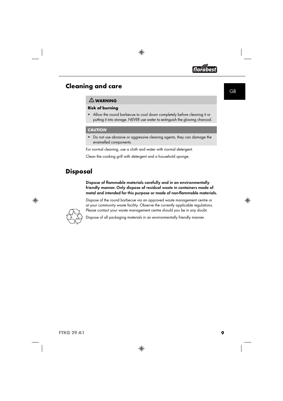 Cleaning and care, Disposal | Florabest FTKG 29 A1 User Manual | Page 12 / 39