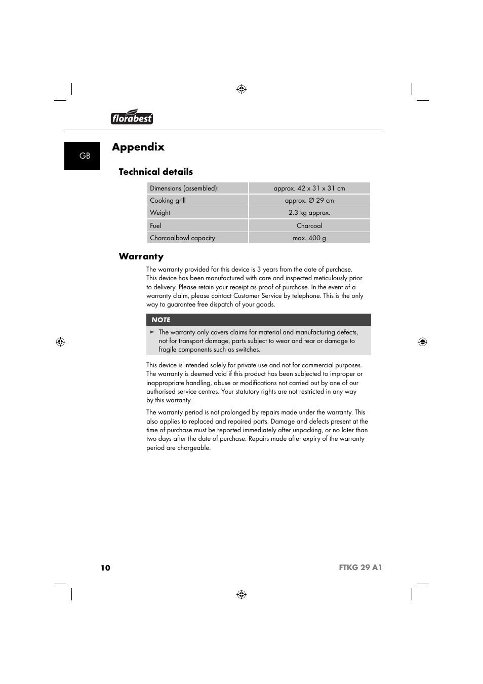 Appendix, Technical details, Warranty | Florabest FTKG 29 A1 User Manual | Page 13 / 39