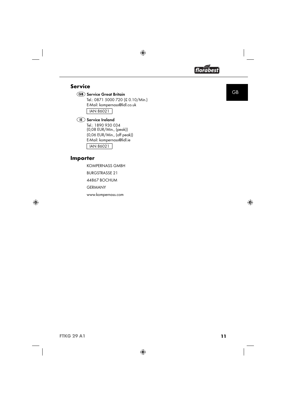 Service, Importer | Florabest FTKG 29 A1 User Manual | Page 14 / 39