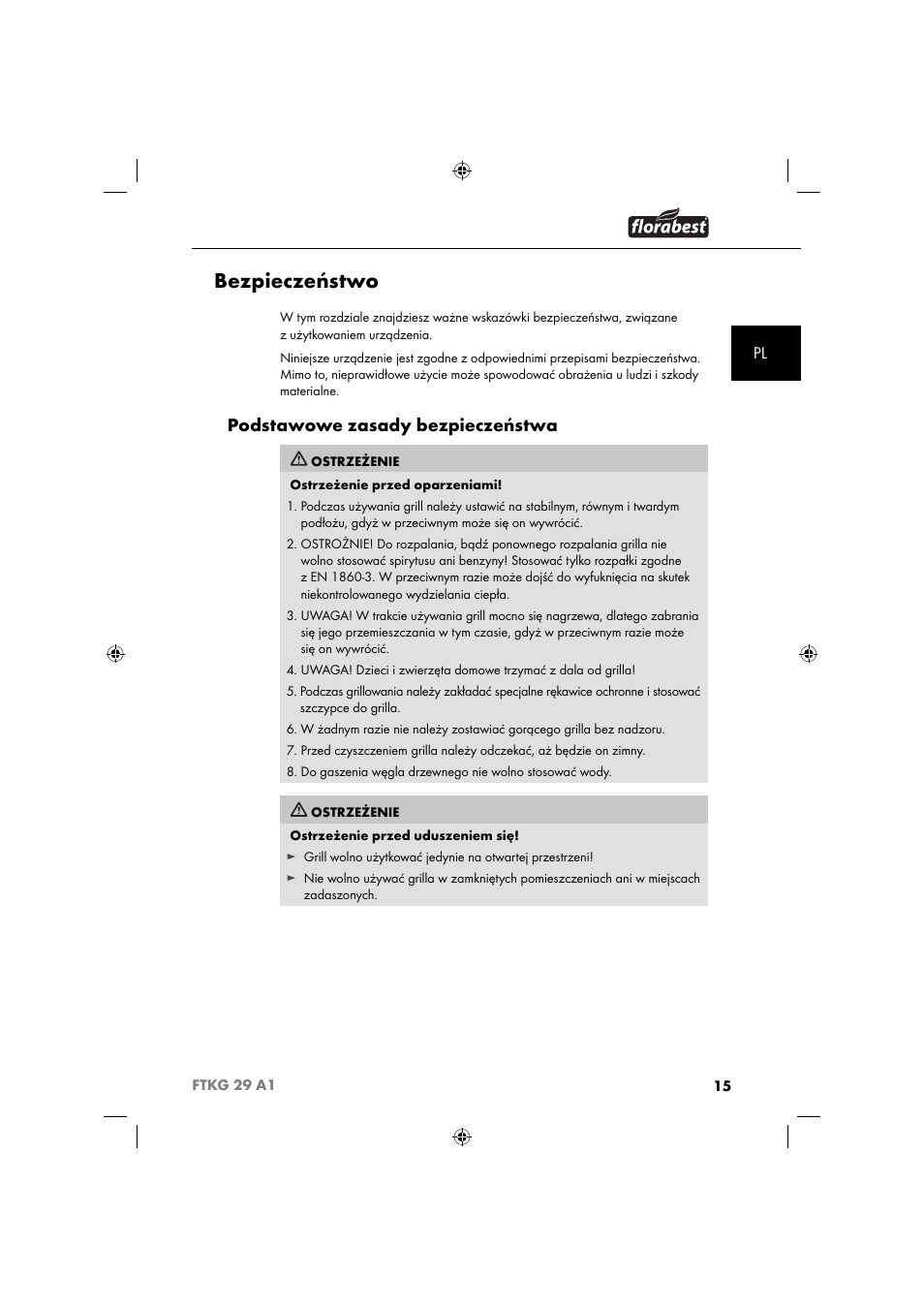 Bezpieczeństwo, Podstawowe zasady bezpieczeństwa | Florabest FTKG 29 A1 User Manual | Page 18 / 39