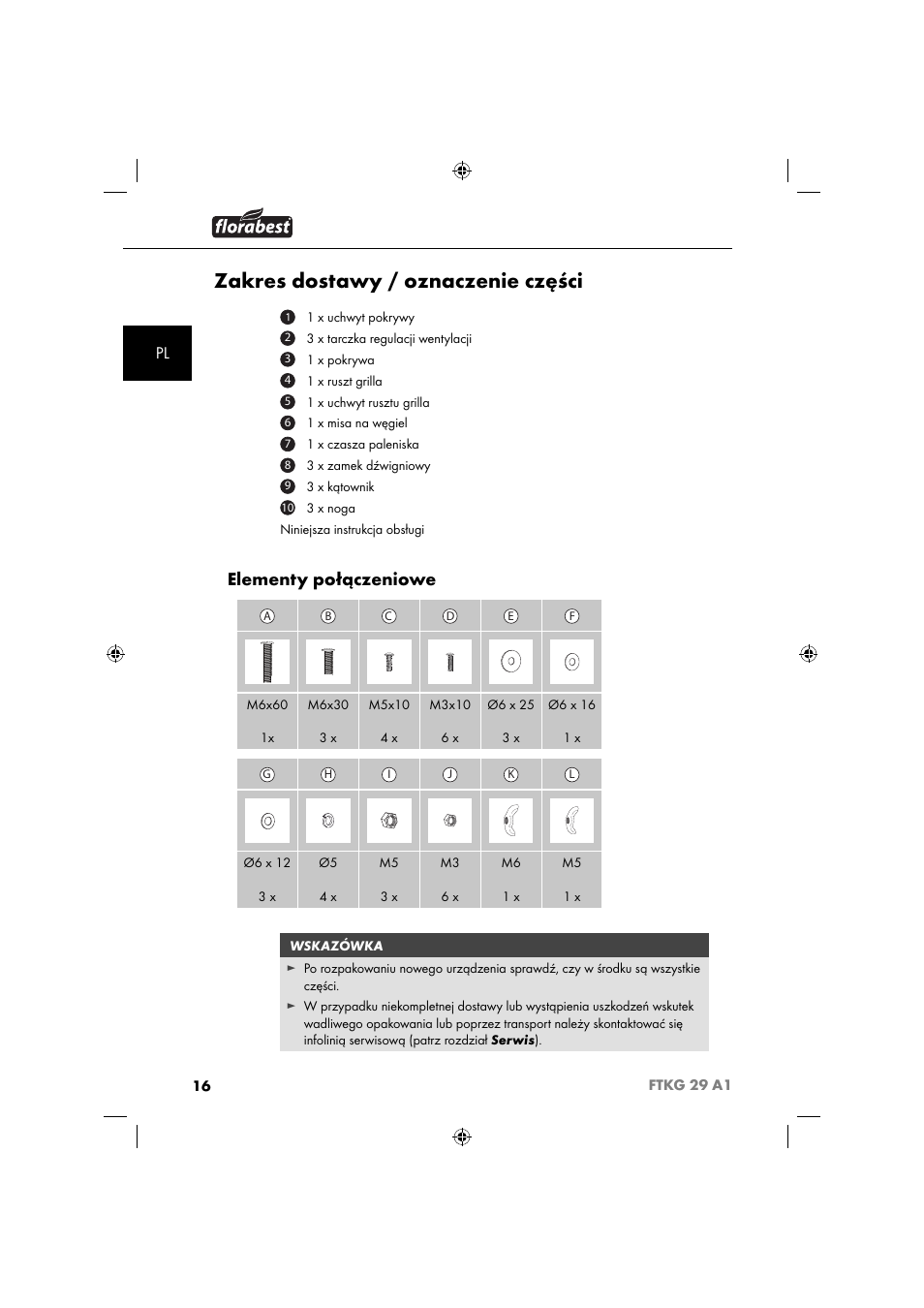 Zakres dostawy / oznaczenie części, Elementy połączeniowe | Florabest FTKG 29 A1 User Manual | Page 19 / 39