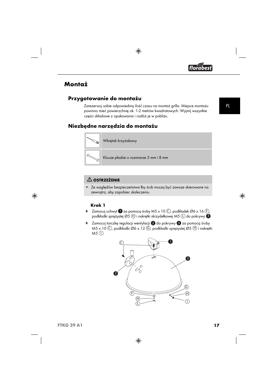 Montaż, Przygotowanie do montażu, Niezbędne narzędzia do montażu | Florabest FTKG 29 A1 User Manual | Page 20 / 39