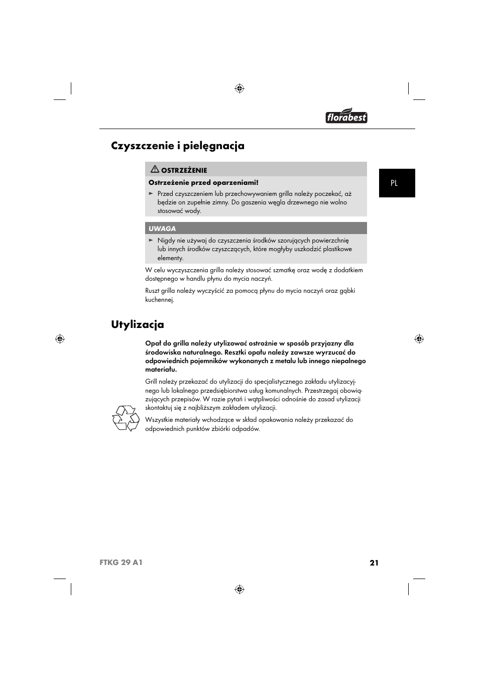 Czyszczenie i pielęgnacja, Utylizacja | Florabest FTKG 29 A1 User Manual | Page 24 / 39