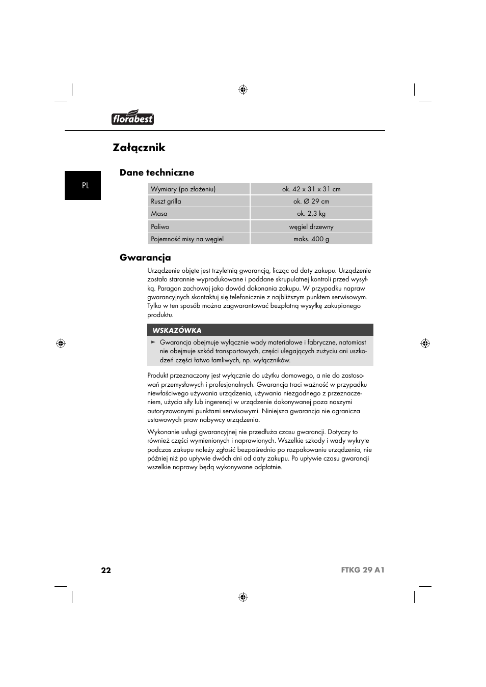 Załącznik, Dane techniczne, Gwarancja | Florabest FTKG 29 A1 User Manual | Page 25 / 39