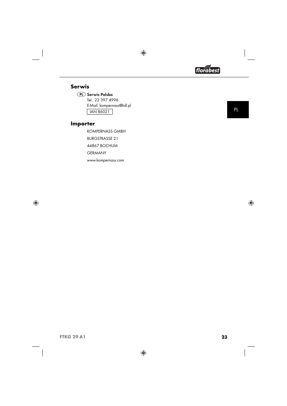 Serwis, Importer | Florabest FTKG 29 A1 User Manual | Page 26 / 39