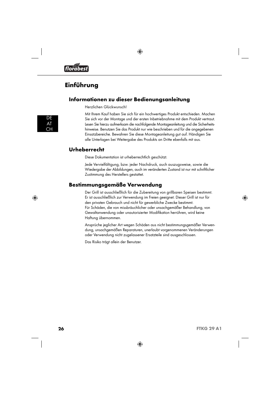 Einführung, Informationen zu dieser bedienungsanleitung, Urheberrecht | Bestimmungsgemäße verwendung, De at ch | Florabest FTKG 29 A1 User Manual | Page 29 / 39