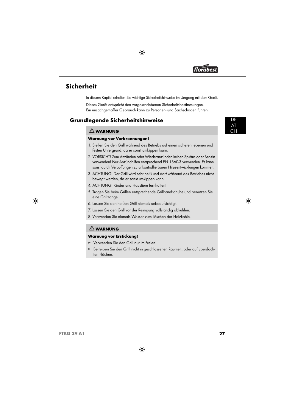 Sicherheit, Grundlegende sicherheitshinweise, De at ch | Florabest FTKG 29 A1 User Manual | Page 30 / 39
