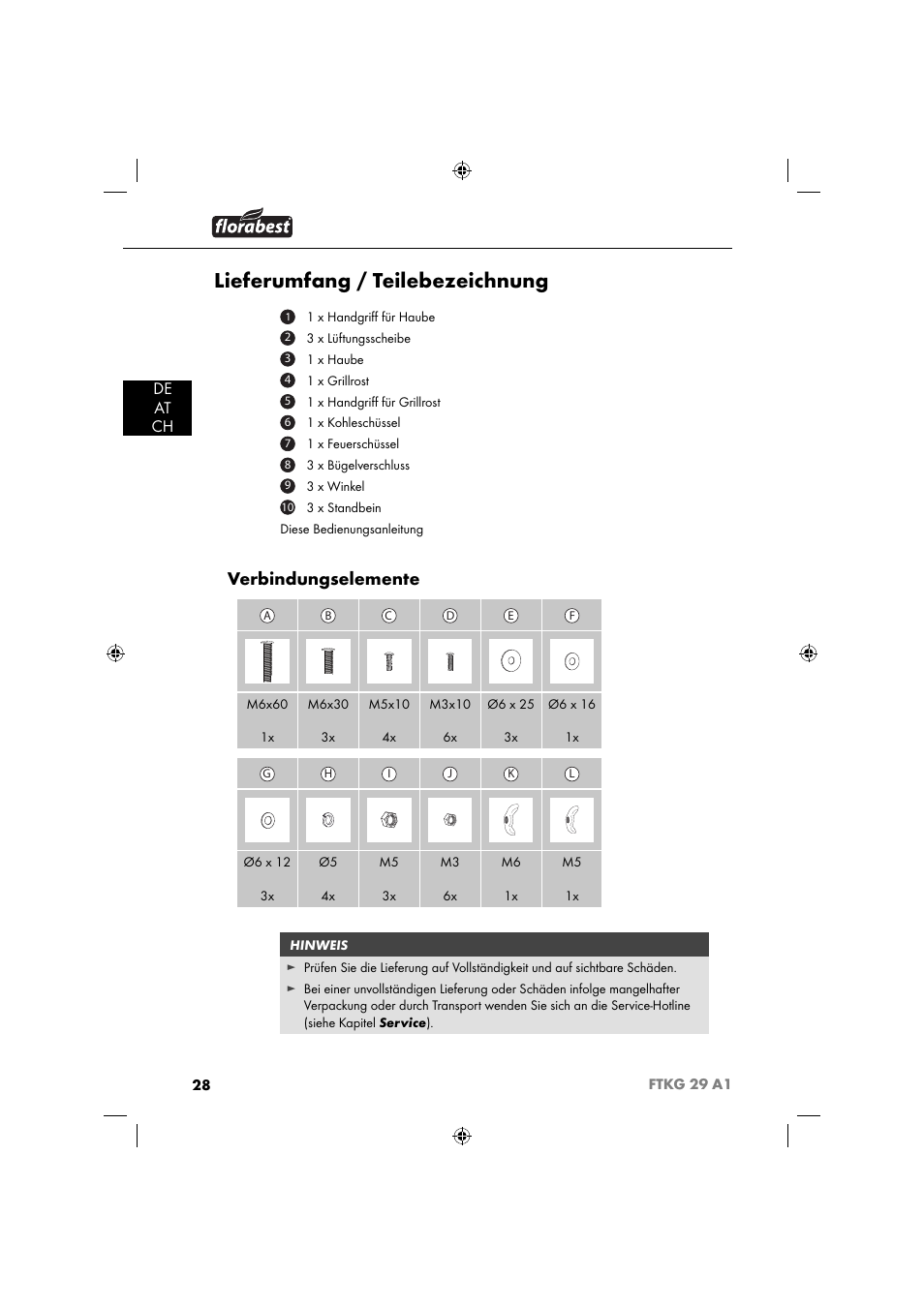 Lieferumfang / teilebezeichnung, Verbindungselemente, De at ch | Florabest FTKG 29 A1 User Manual | Page 31 / 39