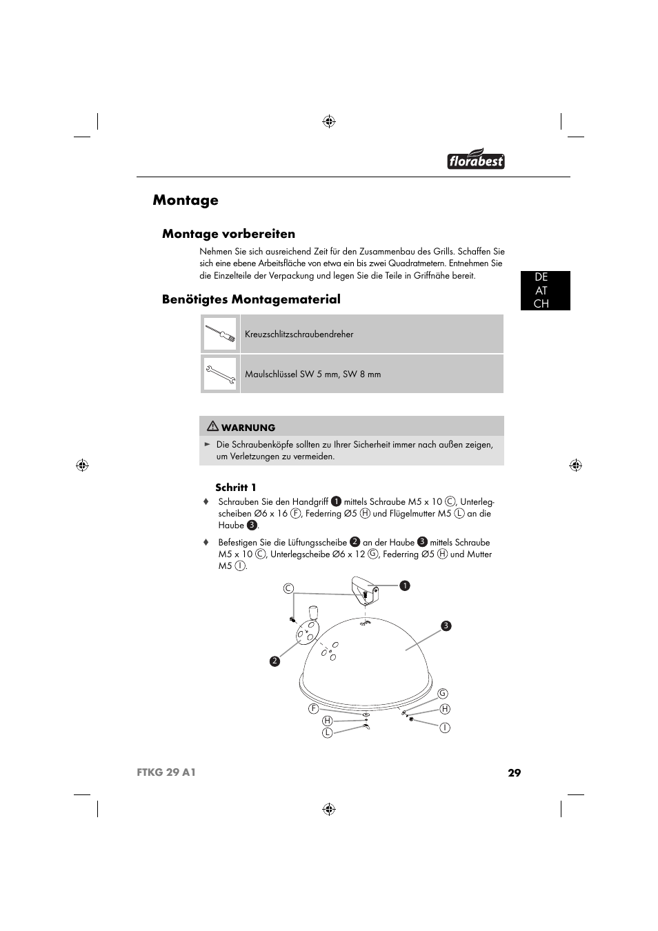Montage, Montage vorbereiten, Benötigtes montagematerial | De at ch | Florabest FTKG 29 A1 User Manual | Page 32 / 39