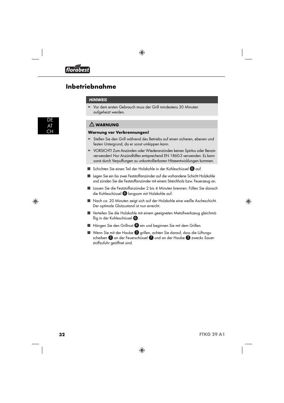 Inbetriebnahme, De at ch | Florabest FTKG 29 A1 User Manual | Page 35 / 39