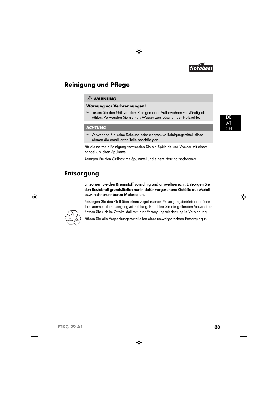 Reinigung und pﬂ ege, Entsorgung, De at ch | Florabest FTKG 29 A1 User Manual | Page 36 / 39