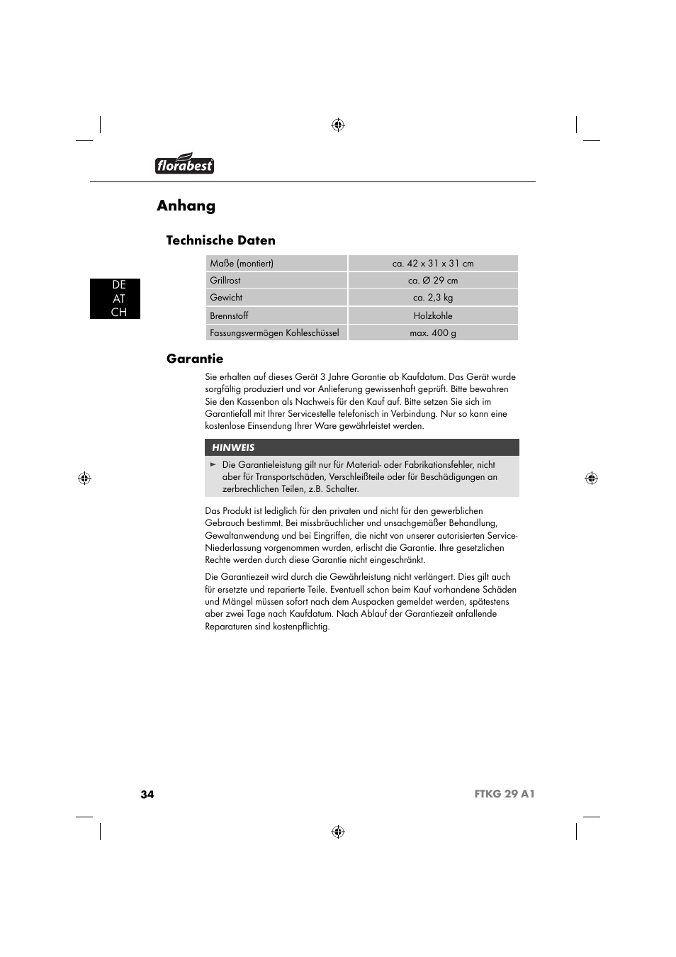 Anhang, Technische daten, Garantie | De at ch | Florabest FTKG 29 A1 User Manual | Page 37 / 39