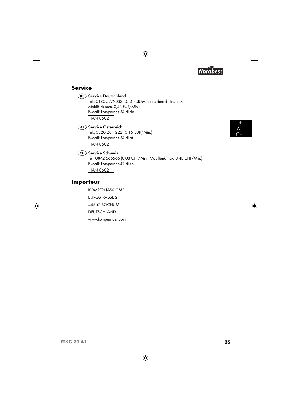 Service, Importeur, De at ch | Florabest FTKG 29 A1 User Manual | Page 38 / 39